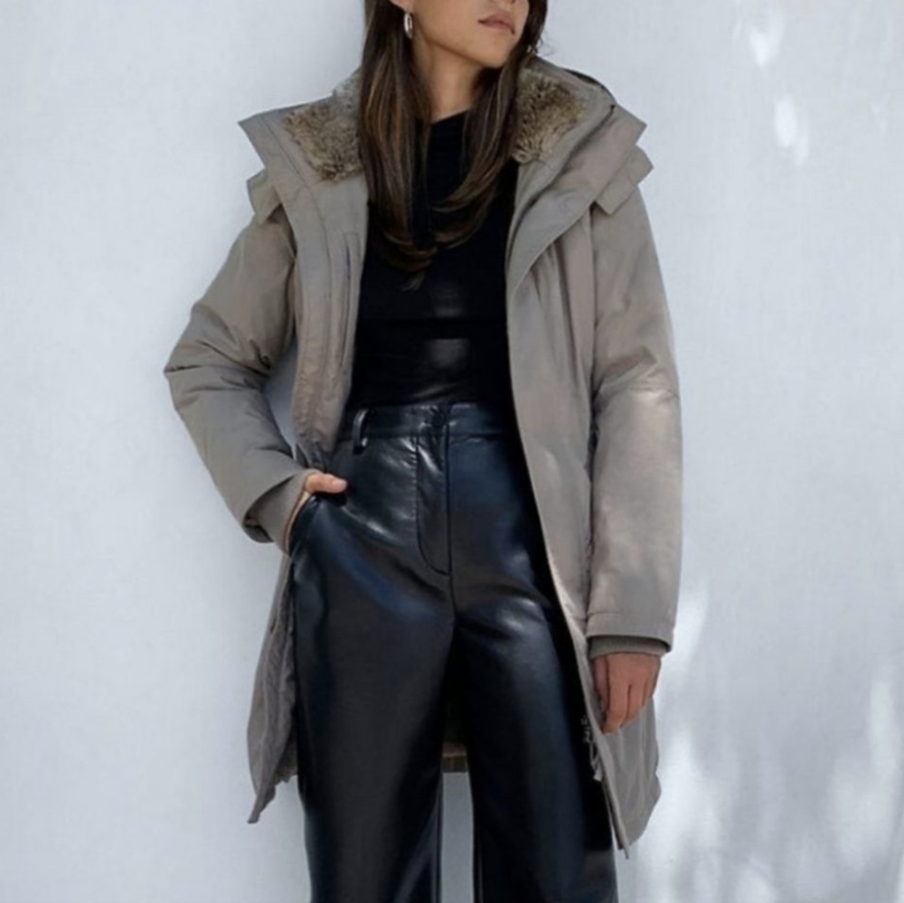 Aritzia Taupe Parka with Faux Fur Trim